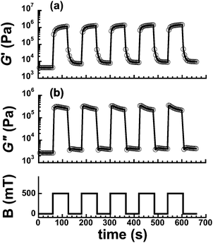 Change in storage modulus (a) and loss modulus (b) at γ = 10−4 for magnetic elastomers (ϕ = 0.29) in response to stepwise magnetic fields (500 mT).