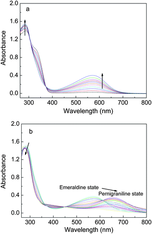 UV-vis spectra monitoring the chemical oxidation of the PAA-100 copolymer. (a) From the leucoemeraldine oxidation state to the emeraldine oxidation state; (b) from the emeraldine oxidation state to the pernigraniline oxidation state.