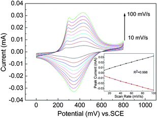 CV of PAA-100 electrodes in 1 mol L−1 H2SO4 at different potential scan rates: 10–100 mV s−1. Inset shows the relationships between the oxidation peaks and reduction current vs. potential scan rate.