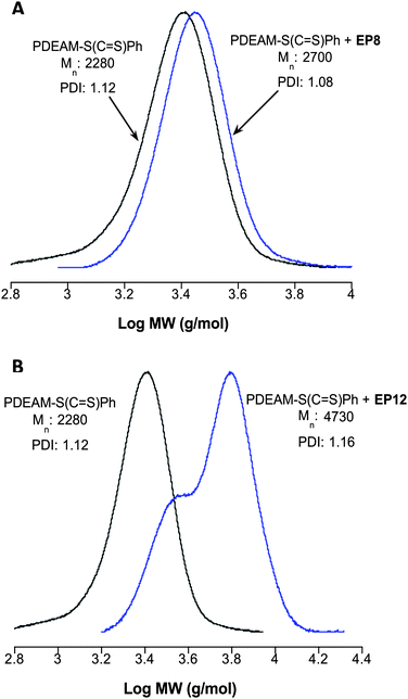 
          SEC traces (normalized RI signals) for PDEAM–S(CS)Ph and the product obtained from reaction with EP8 (A) and PDEAM–S(CS)Ph and star products obtained from reaction with EP12 (B).