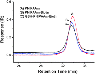
            GPC traces of PNIPAAm (A), PNIPAAm-biotin (B) and GSH-PNIPAAm-biotin (C), mobile phase: DMAc.