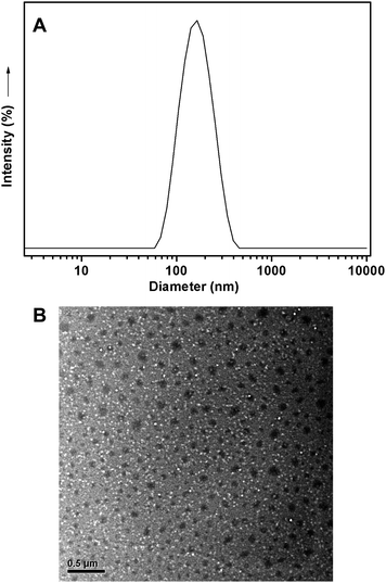 Representative DLS curve and TEM photo of DOX-loaded hyperbranched poly(amine-ester)s in aqueous solution above the LCST with a DOX content of 1.02%.