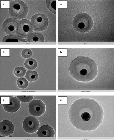 
          TEM micrographs of the Ag@air@PMAA hybrid nanorattles with different PMAA shell thickness: (a) and (a′) 27 nm, (b) and (b′) 42 nm, (c) and (c′) 67 nm. The respective scale bars for (a), (a′), (b), (b′), (c) and (c′) are 100, 50, 200, 50, 100 and 50 nm.