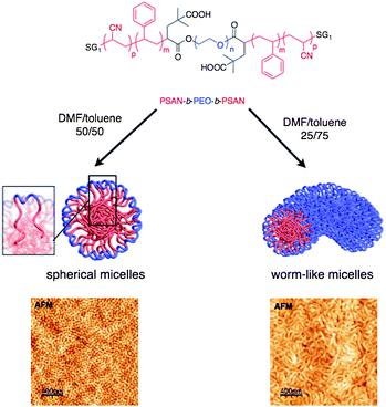 Self-assembling of PSAN-b-PEO-b-PSAN micelles.