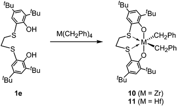 Synthesis of zirconium (10) and hafnium (11) dibenzyl complexes by the reaction of 5–5–5 [OSSO]-type ligands 1e with M(CH2Ph)4 (M = Zr, Hf).