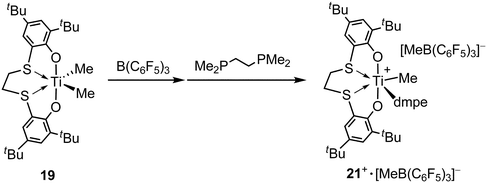 Synthesis of cationic titanium methyl complex 21++ stabilized by DMPE.