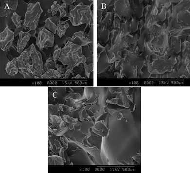 
            SEM images of molecularly imprinted polymers synthesized under the same conditions but with different porogens. (A) chloroform, (B) dimethyl sulfoxide and (C) acetonitrile respectively.