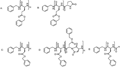 Structures of reaction products formed in various NCA polymerizations. Letters refer to structural assignments in MALDI-ToF-MS spectra, presented in Fig. 5 and 6.