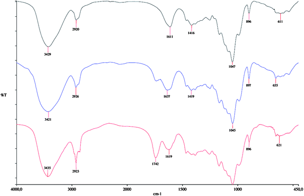 
              FT-IR spectra of xylan (top) and n-OSA-modified xylans with DS = 0.08 (middle) and DS = 0.27 (bottom) (experiments 1 and 9, Table 1 respectively).