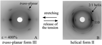 X-ray fiber diffraction patterns of fibers of a highly stereoregular sample with [rrrr] = 94.2%, prepared with the catalyst 1 of Fig. 13, stretched at the indicated values of deformation ε, keeping the fiber under tension (A) and after the release of the tension (B).21,22,26 (Reproduced with permission from ref. 21. Copyright 2006 by Elsevier).