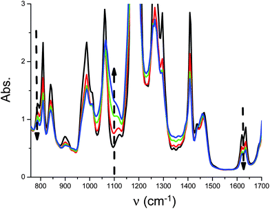 
              IR spectra recorded during the photopolymerization of (3,4-epoxycyclohexane)methyl 3,4-epoxycyclohexylcarboxylate/TMPTA (50%/50% w/w) under air in the presence of Ru(phen)32+/TTMSS/Ph2I+ (0.1%/3%/2% w/w); fluorescence bulb irradiation at different times (t = 0 s; 10 s; 40 s and 3 min 30 s). The evolution of the acrylate double bond, epoxide function and polyether group are observed at about 1630 cm−1, 790 and 1080 cm−1, respectively.