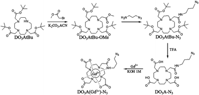 Synthetic pathway for DO3AtBu–N3 and DO3A(Gd3+)–N3.