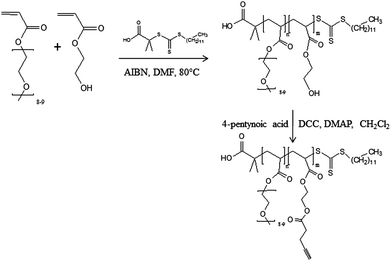 RAFT copolymerization of PEOMA with AEP, followed by esterification with 4-pentynoic acid.