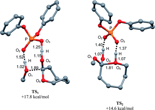 Optimized geometries of the transition states associated with the nucleophilic addition (TS11) and ring-opening (TS22) steps upon bifunctional activation by the phosphoric acid PA. Selected bond distances are given in Å, Gibbs energies relative to the most stable ternary adduct of reactants.