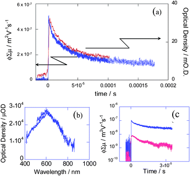 (a) Conductivity (blue) and optical absorption (red: 600 nm) transients of a thin film of 19 on a quartz substrate upon excitation at 355 nm at 2.5 and 35 mJ cm−2, respectively; (b) transient absorption spectrum of 19 2 μs after pulse exposure; (c) conductivity transients observed for 18 (red) and 19 (blue) upon excitation at 355 nm, 4.6 × 1015photons per cm.19