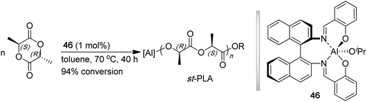 Stereospecific ROP of meso-LA to synthesize st-PLA by a chiral (salen)Al catalyst.