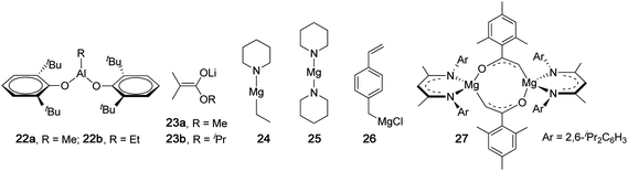 Structures of catalysts or anionic initiators that produce highly syndiotactic PMMA.