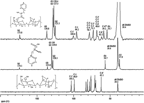 13C-NMR spectra of agarose, l-phenylalanine, and Ag-PAEst.