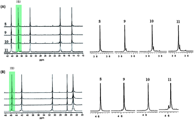 
            13C NMR spectra and expanded methylene (3B3) region of poly-1-pentene (A) and P4M1P (B) synthesized with catalysts 8–11 at 70 °C.
