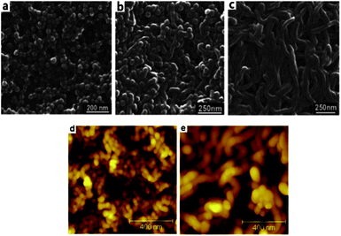 SEM images of the membrane cast from PS43k-b-P4VP59k DMF solution with different concentrations (a) 10 wt%, (b) 20 wt%, (c) 25 wt% at room temperature. AFM height topographies of the membrane cast from (d) 10 wt% and (e) 25 wt%.