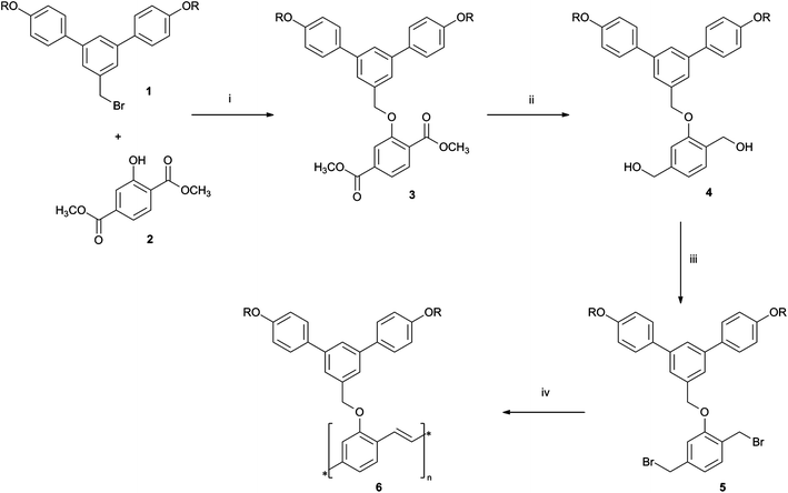 Reagents and conditions: (i) K2CO3, 18-crown-6, acetone, reflux 25 h; (ii) LiAlH4, THF, reflux, 4.75 h; then H+(aq); (iii) PPh3, CBr4, CH2Cl2, r.t., 1 h; (iv) t-BuOK, THF, r.t. 20.5 h. R = 2-ethylhexyl.
