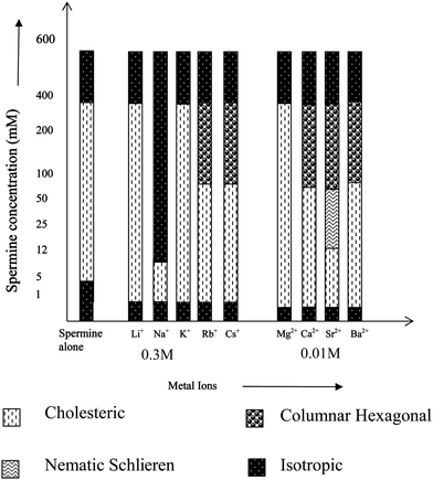 
            LC behavior of spermine induced DNA condensates in the presence of metal ions of varying size and charge.