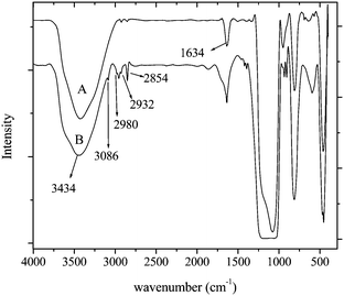 
            FTIR spectra of (a) pure (a) and (b) functionalized silica.