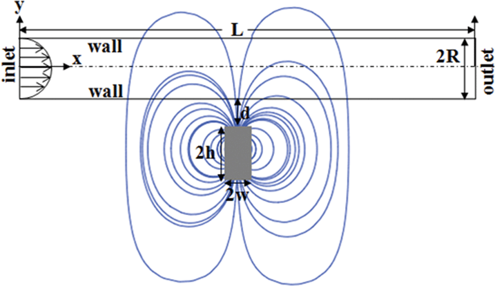 The 2-D rectangular channel which mimics the experimental cylindrical tube with the frame of reference and variables used for the numerical analysis.