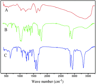 
          FT-IR spectra of GO (A), pure PSA (B), 1% GO/PSA (C).