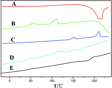 
          DSC curves of GO (A), PSA (B), 1% GO/PSA (C), PSA (Mw = 11 000 D) + PLA + LOF (D), 1% GO/PSA (Mw = 11 000 D) + PLA + LOF(E).