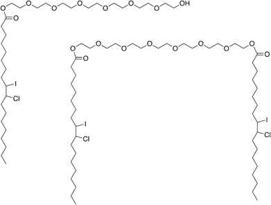 Structure of the two predominant molecules in the iodinated oil. These two predominant molecules correspond to oleoyl macrogol-6-glycerides iodinated/chlored by the Wijs reaction. Iodine and chlorine are linked at oleic acid double bound during this complete reaction.