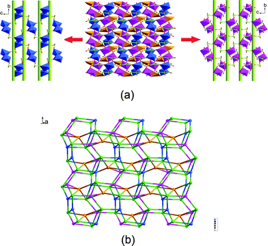 (a) The 2D layer of 1 containing two types of helical layers (Cd2– and Cd3–nbta helical layer). (b) Schematic representation of the (4,5,6)-connected (44.5.6)(32.45.52.6)(32.44.52.62)(3.48.52.64)(3.48.53.63) topology (Cd1: orange; Cd2: blue; Cd3: purple; nbta ligand: green).
