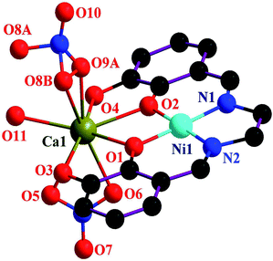 Crystal structure of [NiIILCaII(NO3)2(H2O)]·1.5H2O (7). Hydrogen atoms are omitted. The water molecules of crystallization and the ethoxy carbon atoms are also not shown for clarity. Of the two disordered positions of one oxygen atoms of one nitrate anion, one is shown.