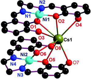 Crystal structure of [(NiIIL)2CsI](ClO4)·CH3CN (5). Hydrogen atoms are omitted. The perchlorate anion, The acetonitrile molecule of crystallization and the ethoxy carbon atoms are also not shown for clarity.