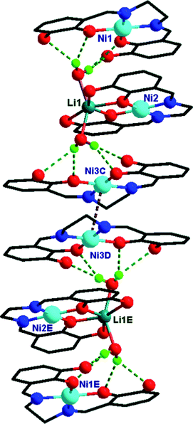 Perspective view of [{NiIILLiI(H2O)2}{NiIIL}2](ClO4) (1) demonstrating the dimeric self-assembly generated due to Ni⋯Ni weak interaction. Hydrogen atoms, except those of water molecules, are omitted. The perchlorate anion and the ethoxy carbon atoms are also not shown for clarity. Symmetry codes: C, 1 − x, 1 − y, 1 − z; D, −1 + x, y, z; E, −x, 1 − y, 1 − z.