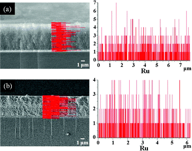 The EDS images and ruthenium (Ru) atom depth profile (red line) in the TiO2 nanoparticle layer prepared (a) with the drip and evaporation method and (b) with the dipping method.
