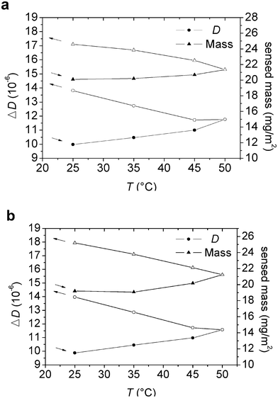 (a–b) Change in dissipation (at the fifth overtone) and sensed mass (from Voigt simulation) versus temperature for an adsorbed layer of (a) M1.6C and (b) HP0.12M1.57C on silanized silica. After adsorption at 25 °C (40 ppm polymer solution), the polymer was kept in the solution during the entire temperature ramp. Filled and unfilled symbols correspond to data obtained on heating and cooling, respectively. At each temperature the data was evaluated after 100 min of equilibration. The arrows indicate the direction of the temperature ramp.