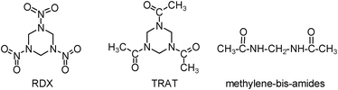 
          Hexahydro-1,3,5-trinitro-s-triazine (RDX), hexahydro-1,3,5-triacetyl-s-triazine (TRAT), and methylene-bis-amides.