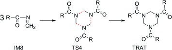 Concerted trimerization of ketoimine IM8 to TRAT (R = –CH3).