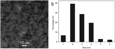 (a) TEM image and (b) the corresponding particles size distribution histograms of the products obtained by microwave irradiation of 5 mL of DMF solution in the presence of 0.5 mL of CSA for 40 s.