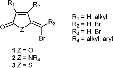 Furanones, pyrrolones and thiophenones that may inhibit quorum sensing.