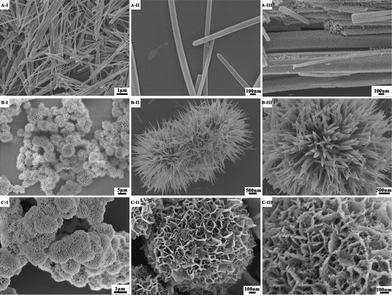 
          SEM images of metal carbonate hydroxide salts formed at various Co/Ni molar ratios: (A-I, II) Co/Ni = 1:0; (B-I, II) Co/Ni = 2:1; (C-I, II) Co/Ni = 0:1, and the corresponding metal oxides after 300 °C calcination for 3 h: (A-III) Co3O4 (Co/Ni = 1:0); (B-III) NiCo2O4 (Co/Ni = 2:1); (C-III) NiO (Co/Ni = 0:1).