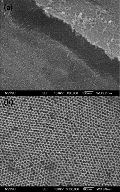 FE-SEM images of mesoporous silicas templated by PEO-b-PCL with different TEOS/PEO-b-PCL weight fractions: (a)1/1 and (b)5/1.