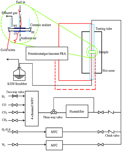 Schematic diagram of the flow channel, test rig, and half cell configuration.