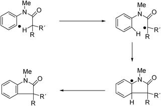 Reaction mechanism for indolone formation from aryl radicals, with ulterior rearomatization.