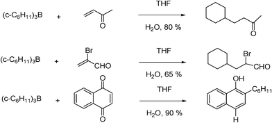 Radical conjugate additions of cyclohexyl boranes to different α,β-unsaturated compounds.