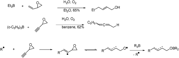 Reactions of trialkylboranes with ethenyl and ethynyl oxiranes in water.