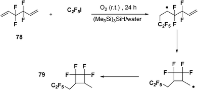 (Me3Si)3SiH-mediated radical cyclization of 3,3,4,4-tetrafluoro-1,5-hexadiene in water.