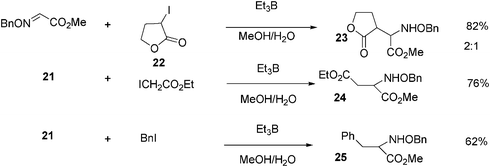 Reaction of glyoxylic oxime ethers with iodocompounds in water.