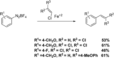 Radical reactions of diazonium salts with vinyl chlorides in water.